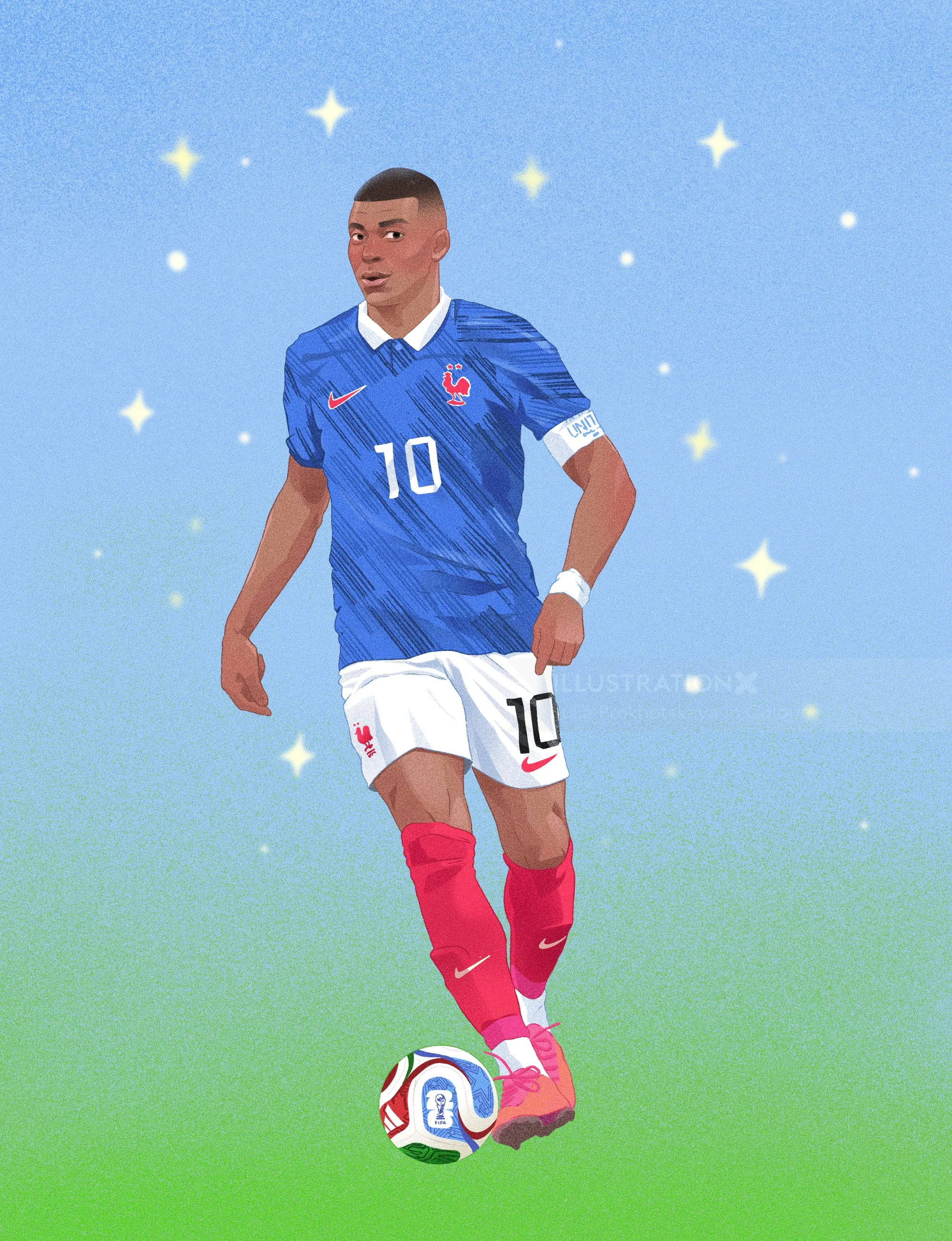 Illustration by Julia Prokhotskaya In Colour of Kylian Mbappé with a football