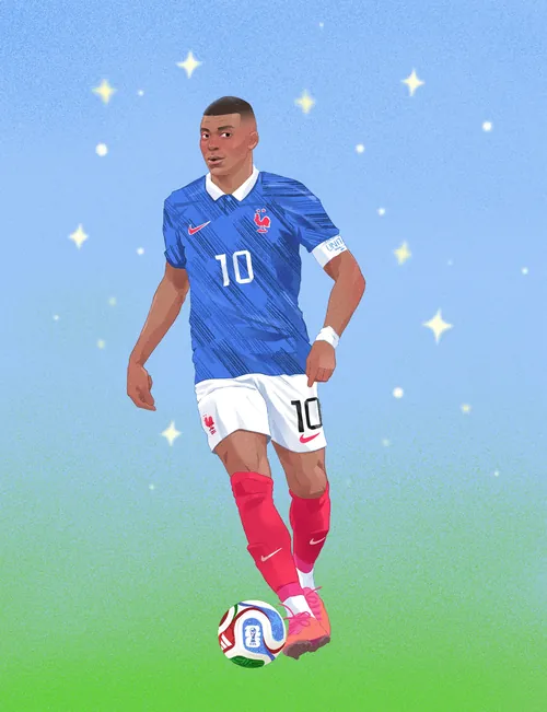 Julia Prokhotskayaによるカラーイラスト：キリアン・エムバペとサッカーボール