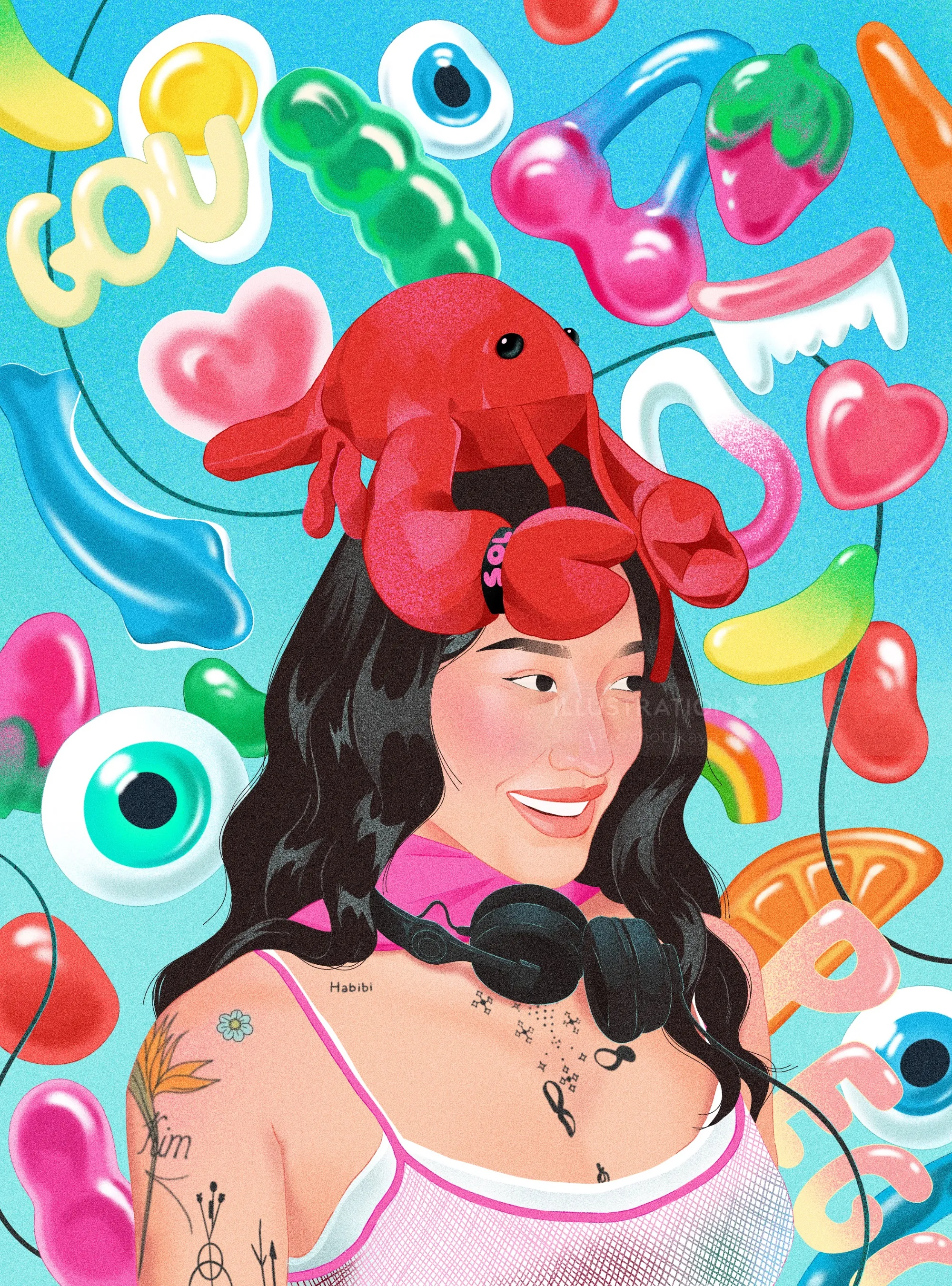 Julia Prokhotskaya In Colour illustration of DJ Peggy Gou with a plush lobster