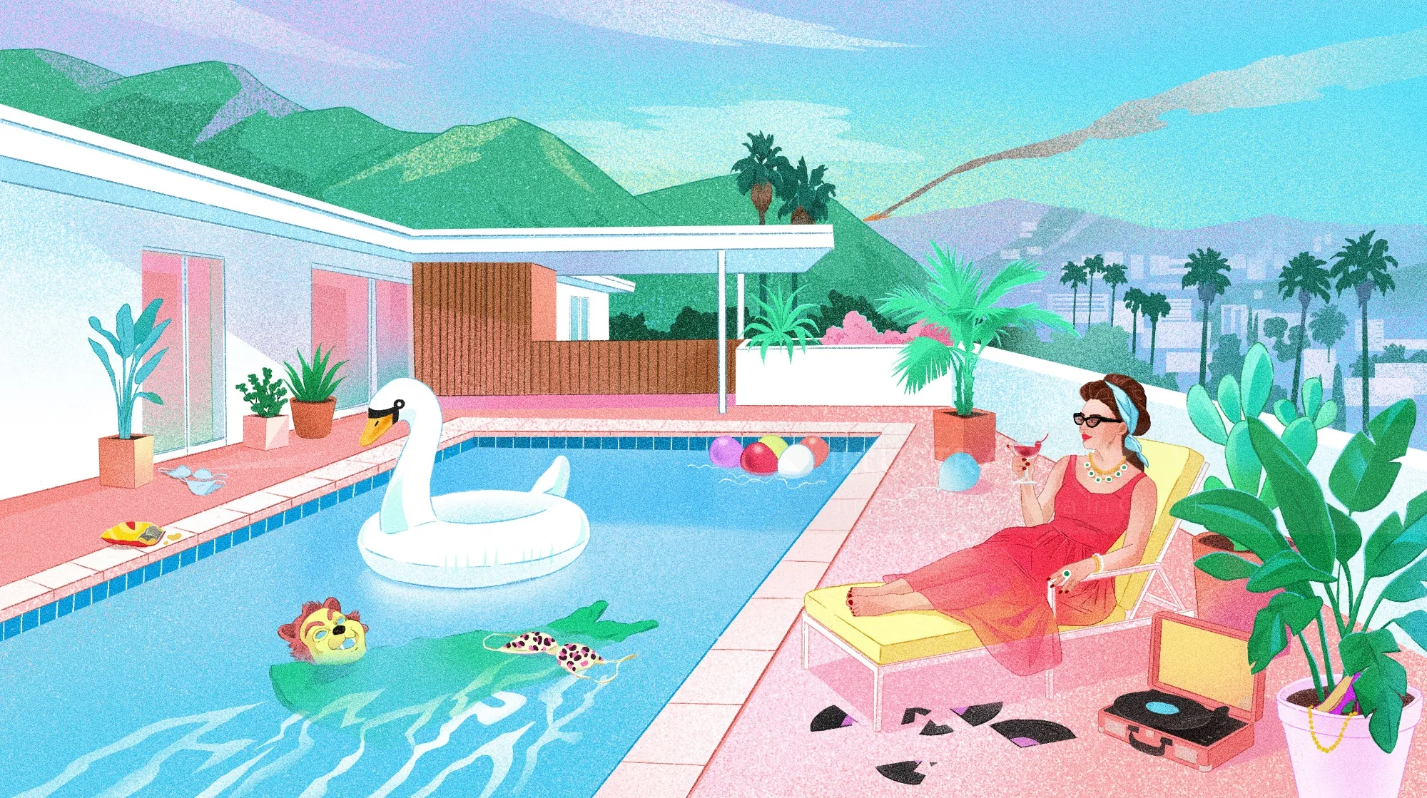 Julia Prokhotskaya illustration of a woman relaxing beside a tropical swimming pool