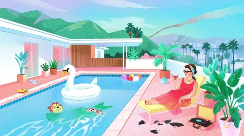 Julia Prokhotskaya illustration of a woman relaxing beside a tropical swimming pool