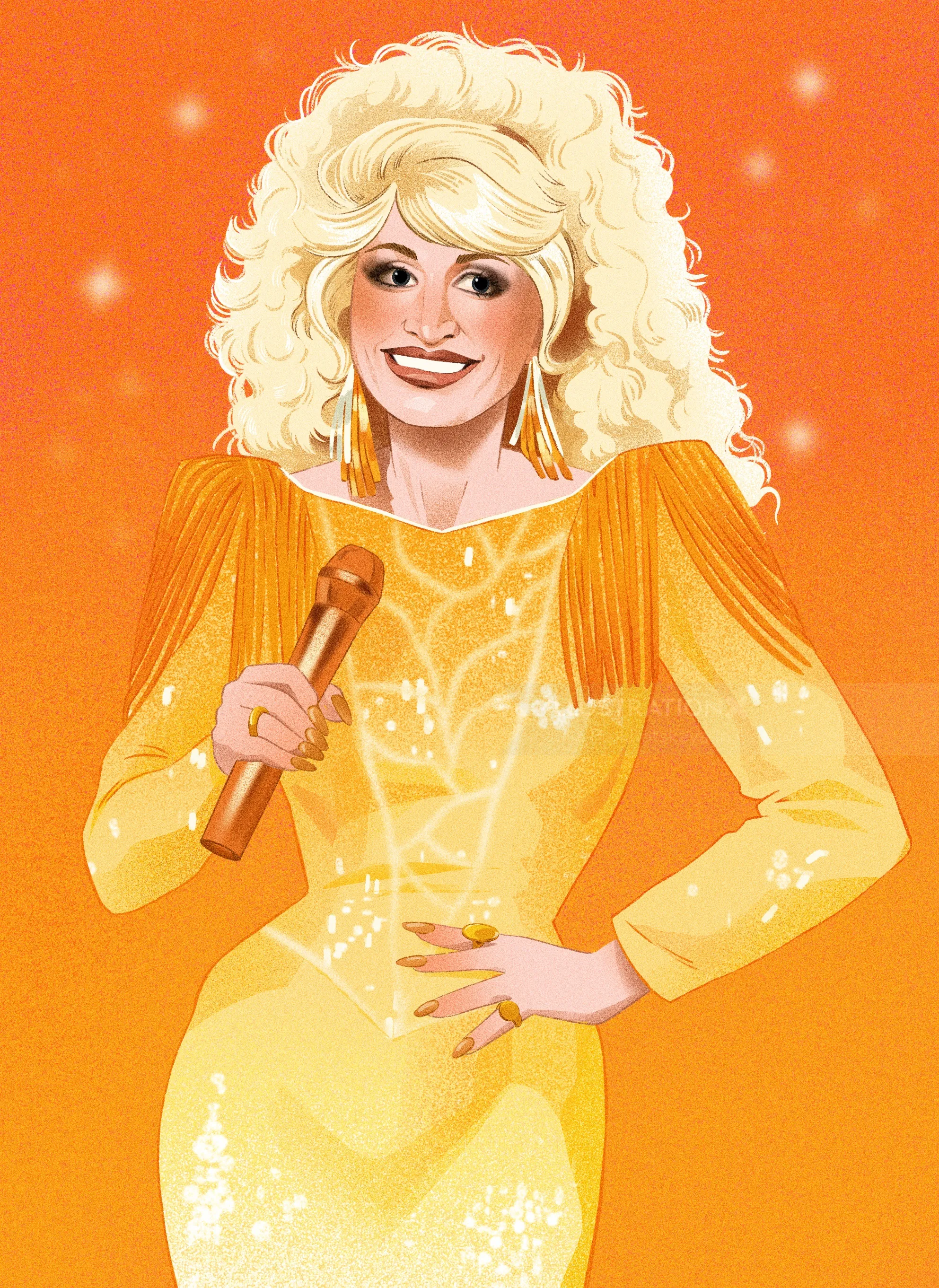 Dolly Parton portrait by Julia Prokhotskaya In Colour in a sparkling yellow dress