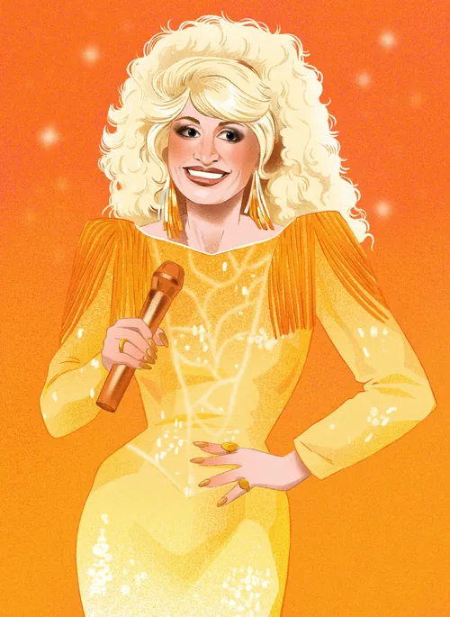 Dolly Parton portrait by Julia Prokhotskaya In Colour in a sparkling yellow dress