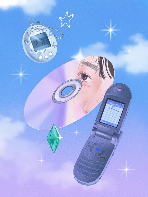 Julia Prokhotskaya Farbcollage mit Klapphandy, CD, Kamera, Kristall und Sternen