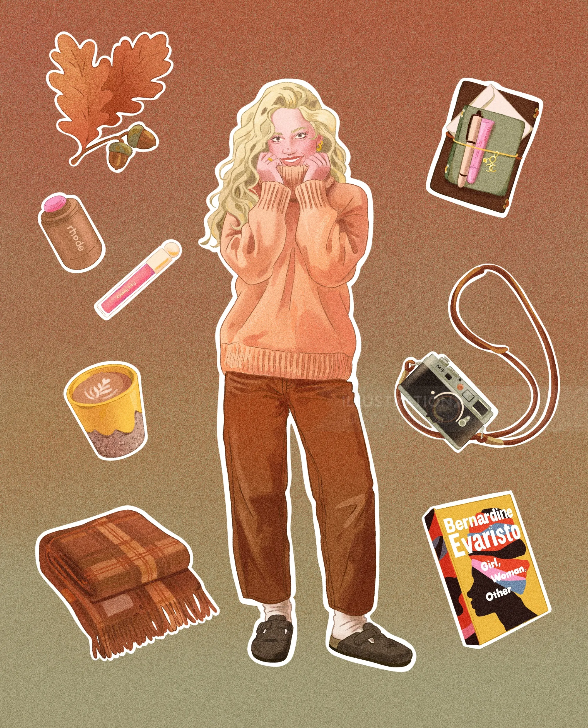 Julia Prokhotskaya In Colour illustration of a woman with autumn essentials