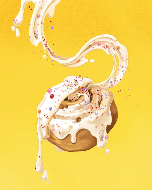Julia Prokhotskaya illustration of an iced pastry with whipped cream and sprinkles