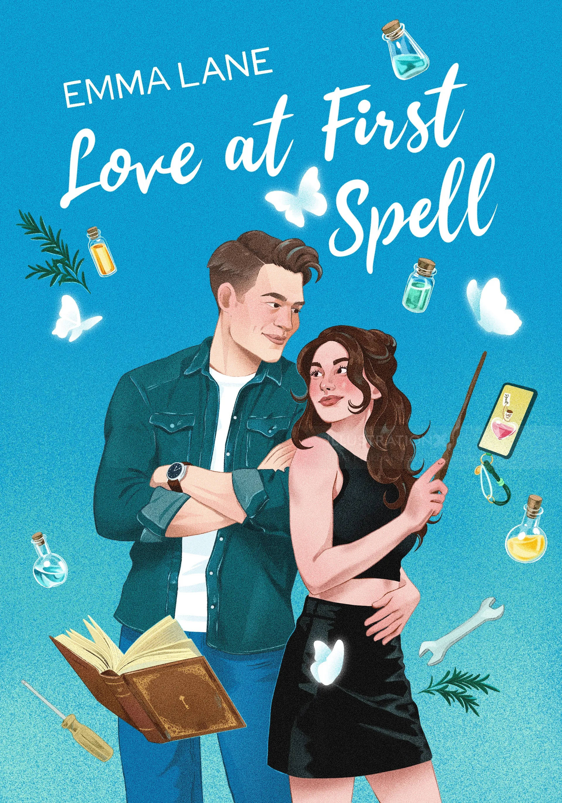 Love at First Spell cover by Julia Prokhotskaya In Colour, showing a couple with magical objects