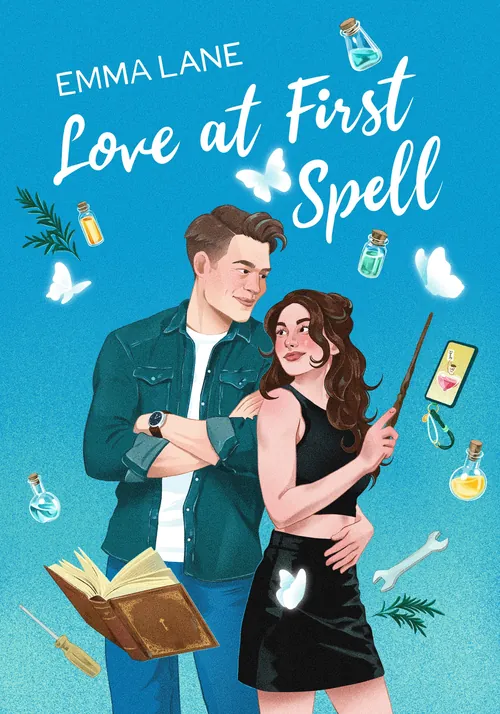 Love at First Spell cover by Julia Prokhotskaya In Colour, showing a couple with magical objects