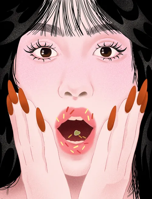 Julia Prokhotskaya In Colour illustration of a woman framing her face with both hands