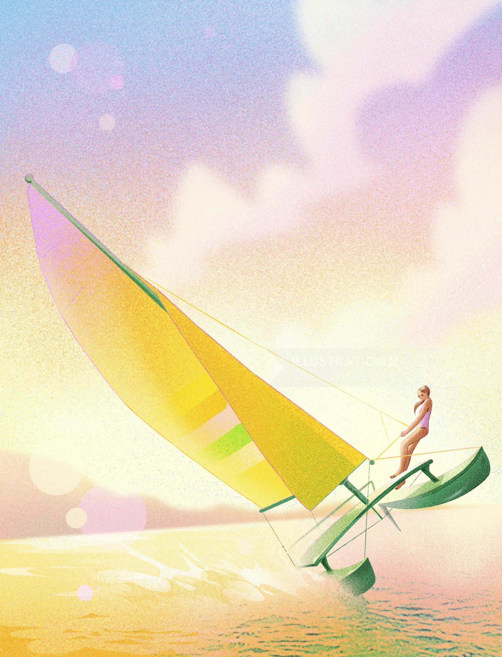 Julia Prokhotskaya illustration of a colorful sailboat crossing pastel water