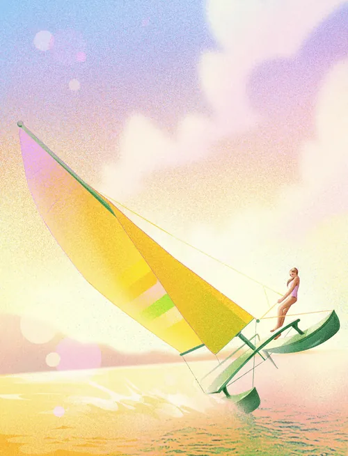 Julia Prokhotskaya illustration of a colorful sailboat crossing pastel water