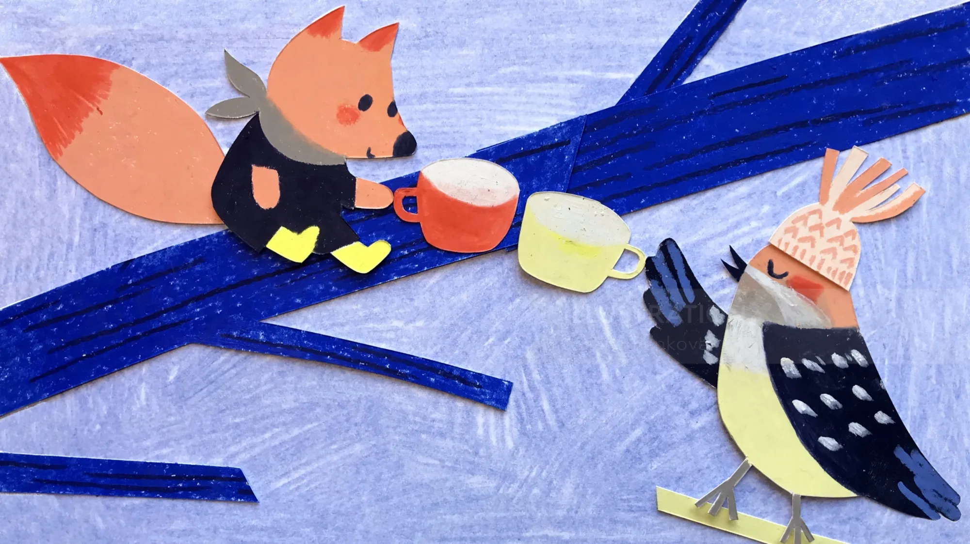 Whimsical Paper Art of Bird and Fox for Picture Book
