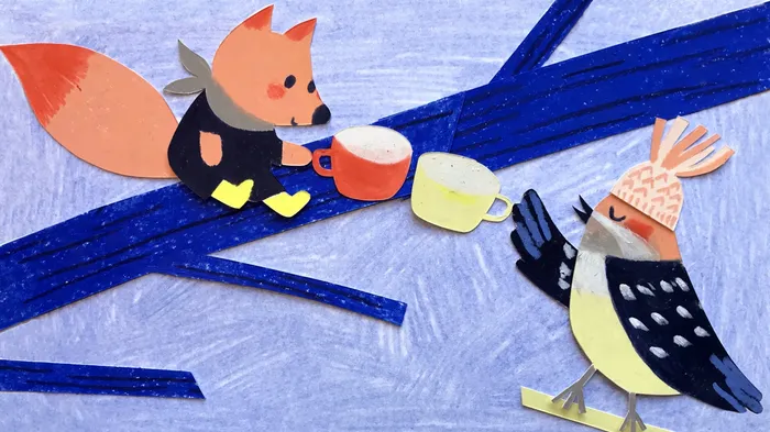 Whimsical Paper Art of Bird and Fox for Picture Book