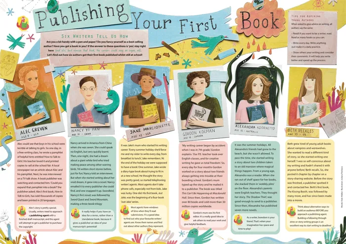 "Publishing Your First Book" double spread for Aquila Magazine