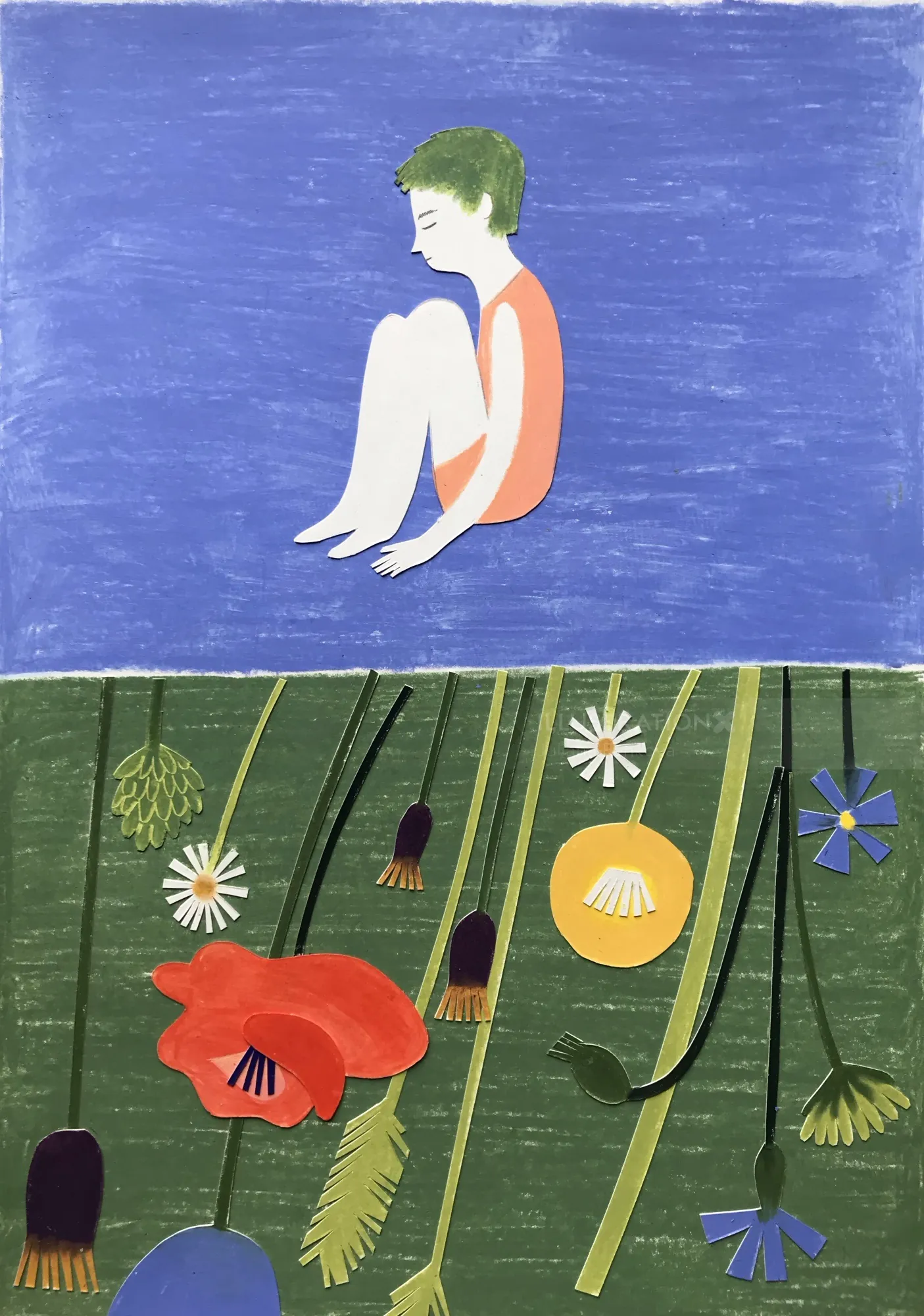 Abstract seated figure above field of colorful flowers by Juliana Penkova