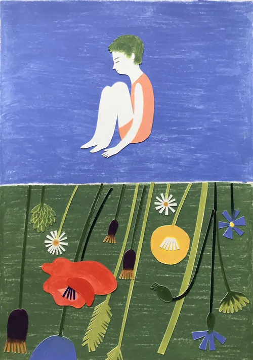 Abstract seated figure above field of colorful flowers by Juliana Penkova