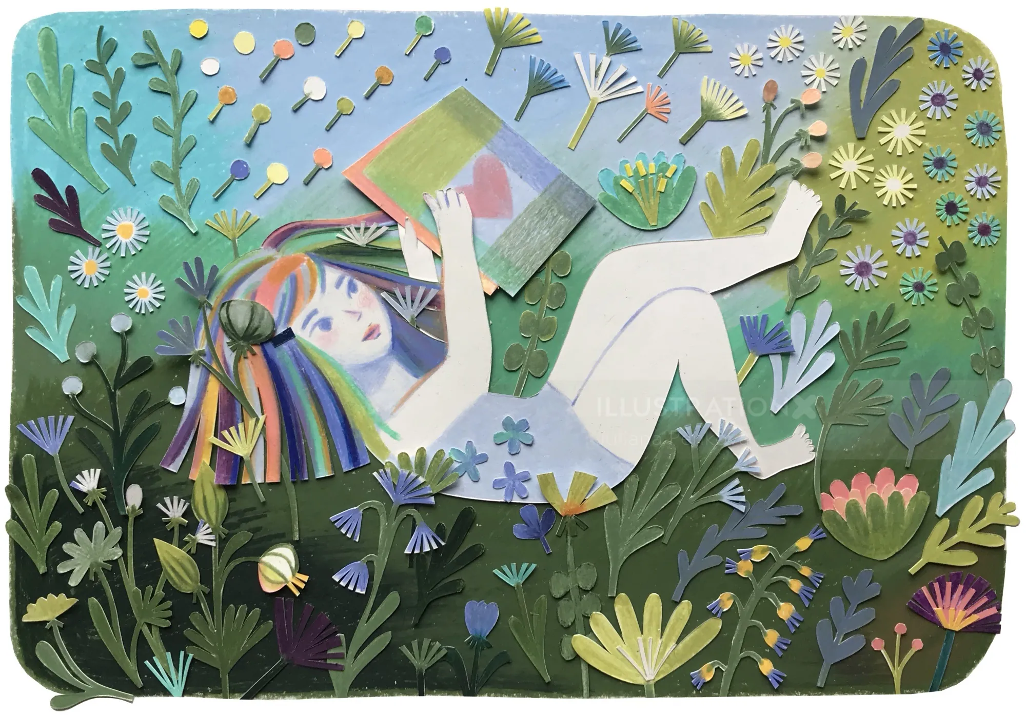 Nude woman with rainbow hair reading a book surrounded by plants by Juliana Penkova