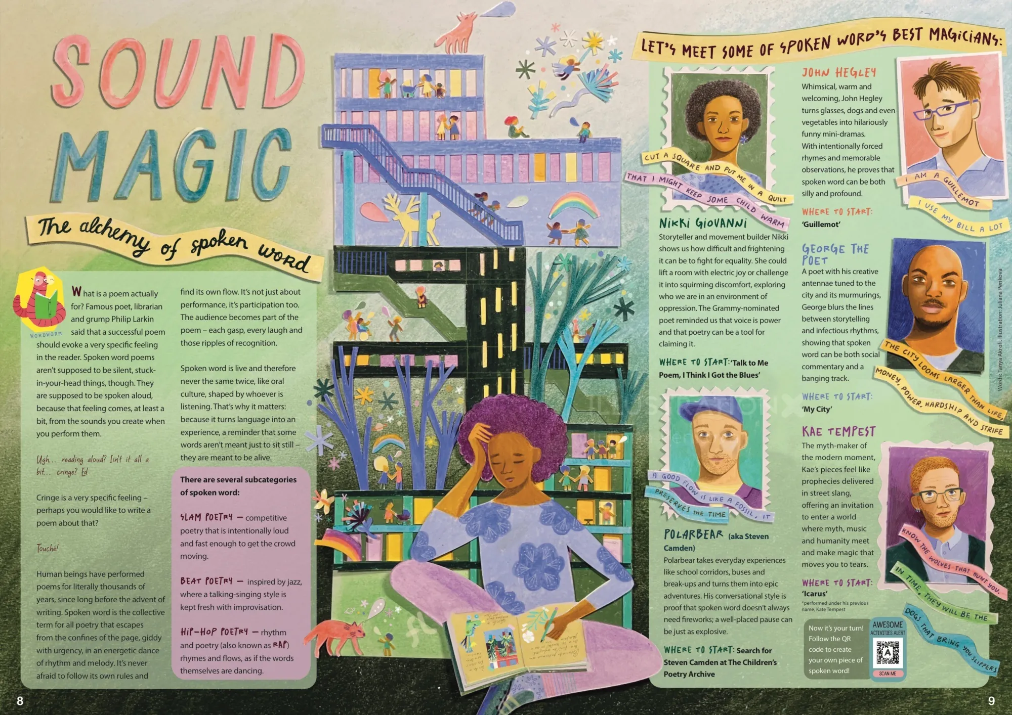 Illustrated magazine spread titled Sound Magic, featuring diverse characters and whimsical elements 