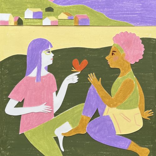Two friends sharing a heart symbol in a colorful landscape by Juliana Penkova