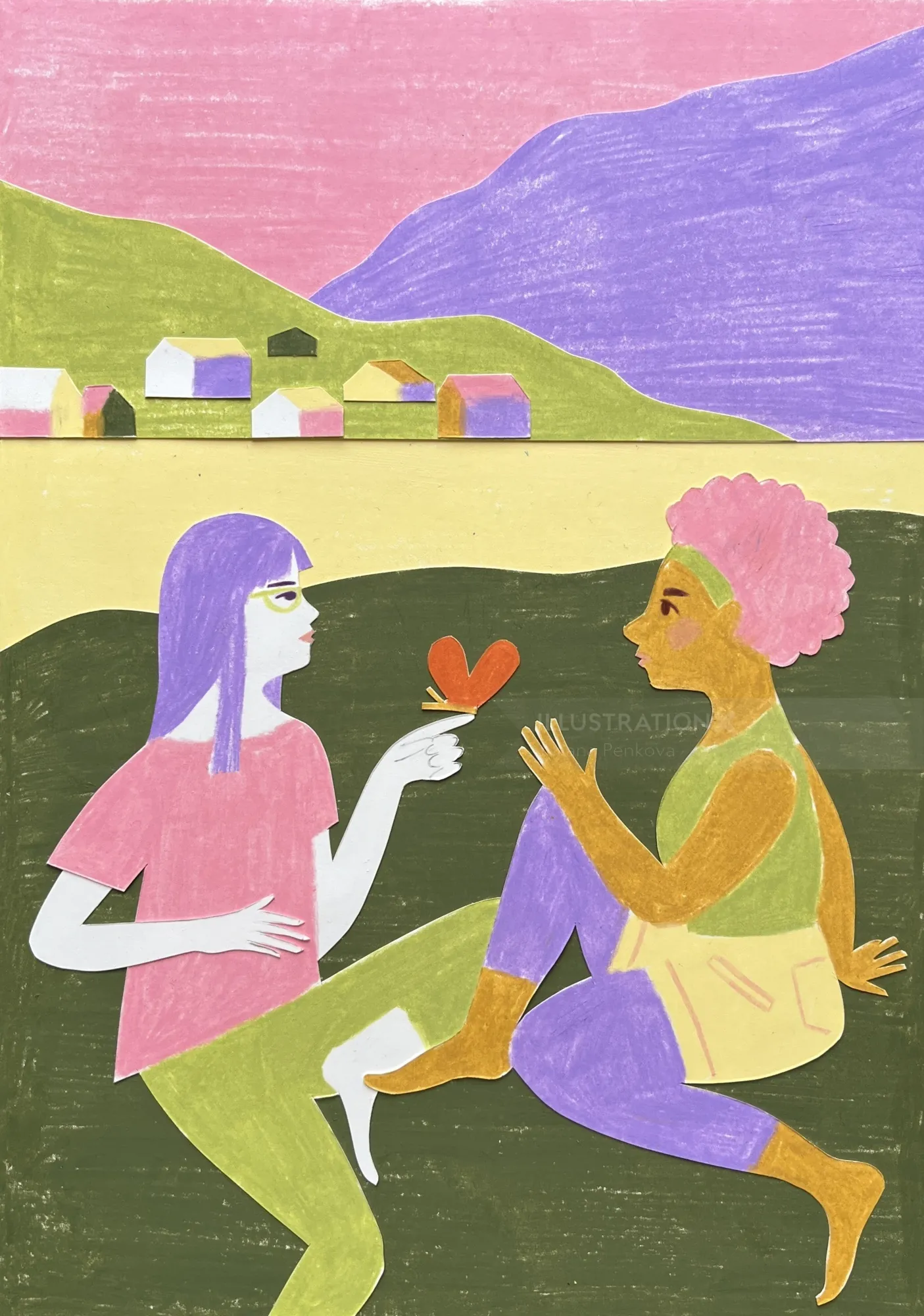 Two friends sharing a heart symbol in a colorful landscape by Juliana Penkova