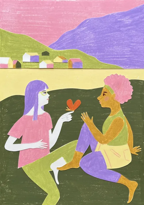 Two friends sharing a heart symbol in a colorful landscape by Juliana Penkova