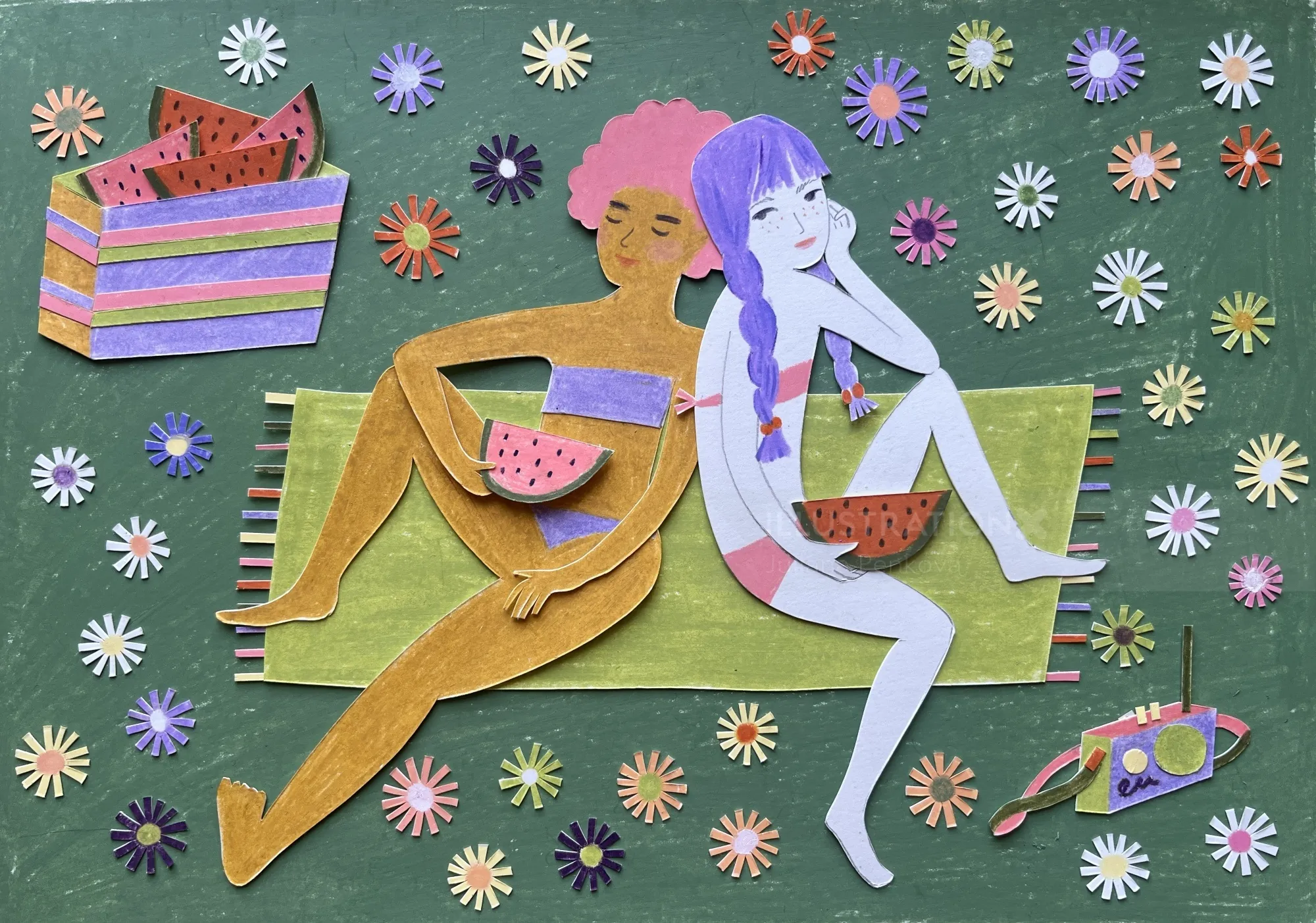Two women sitting with watermelon slices, surrounded by colorful flowers by Juliana Penkova
