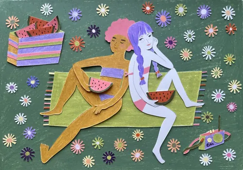 Two women sitting with watermelon slices, surrounded by colorful flowers by Juliana Penkova