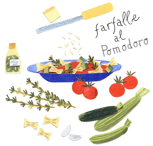 Farfalle al Pomodoro pasta illustration by Juliana Penkova