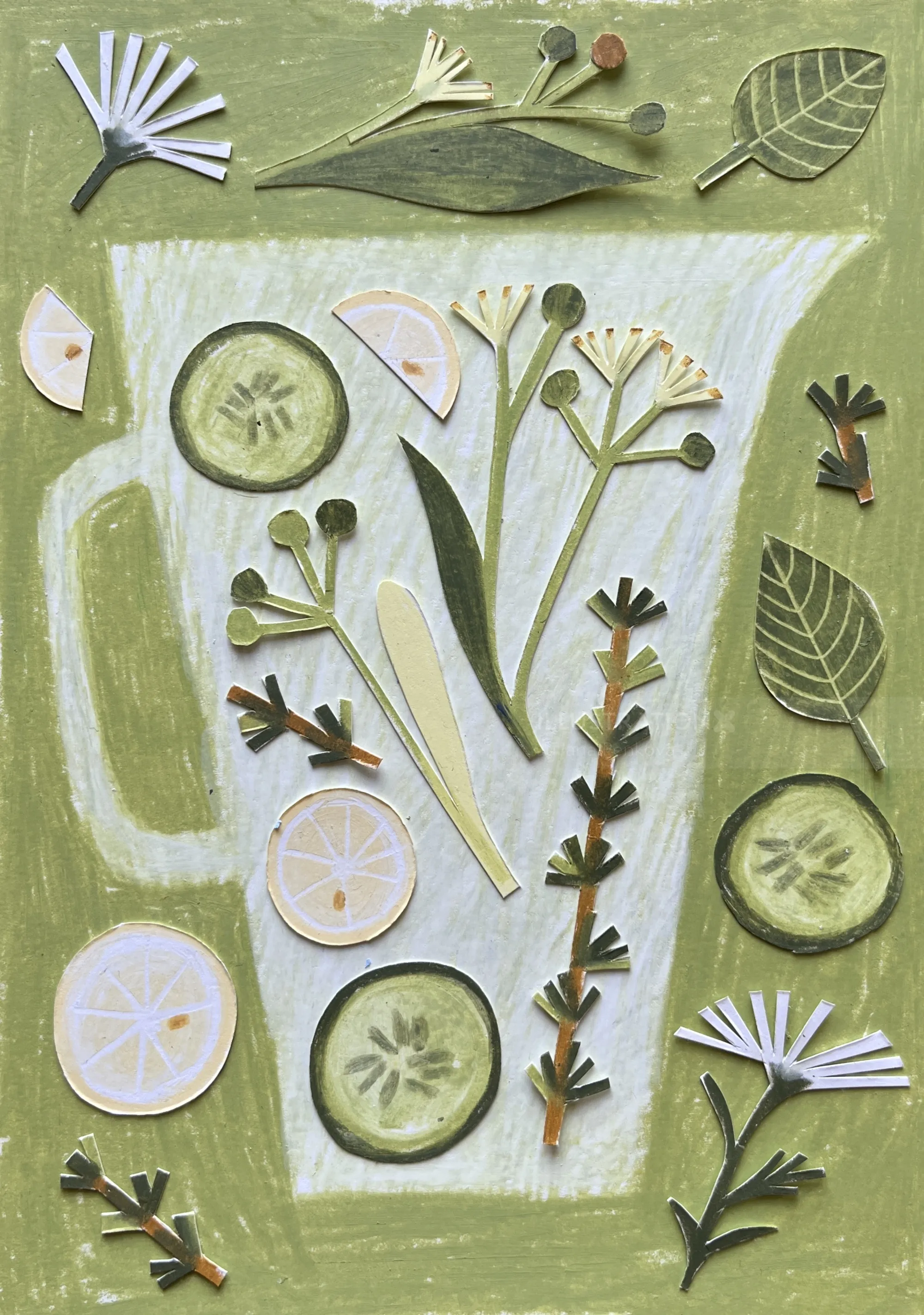 Juliana Penkova illustration of cucumber, thyme, citrus, and herbs on green