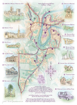 Carte des itinéraires des bus touristiques de la ville de Durham avec arrêts