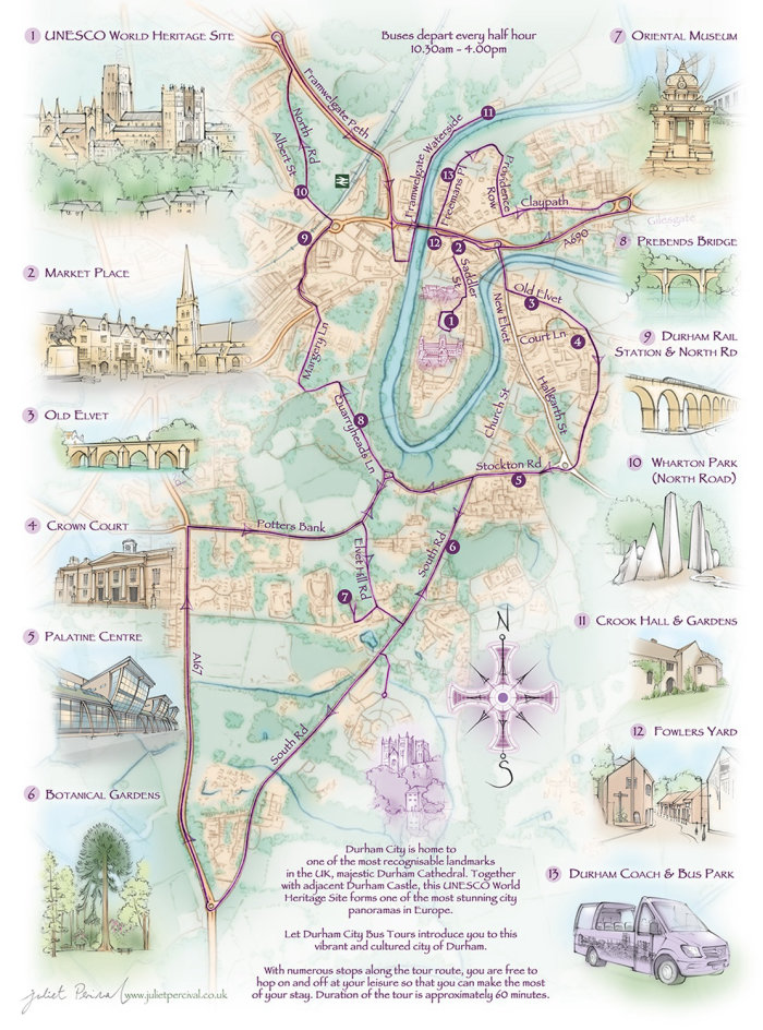Carte de l&#39;itinéraire du bus touristique de Durham City avec arrêts