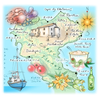 Mapa editorial &quot;I do Corfu&quot; mostrando a produção de alimentos do norte de Corfu