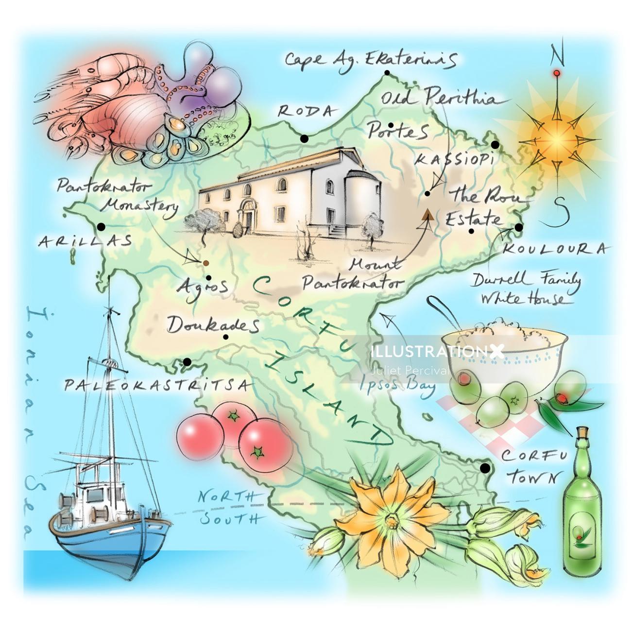 Corfu Island, ionian Sea, hand drawn, Paleokastritsa, seafood, fishing boat