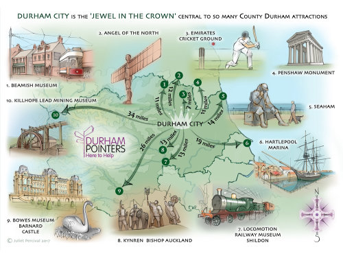 Comté de Durham, attractions touristiques, Beamish, Kynren, Bowes Museum, Seaham, Penshaw monument