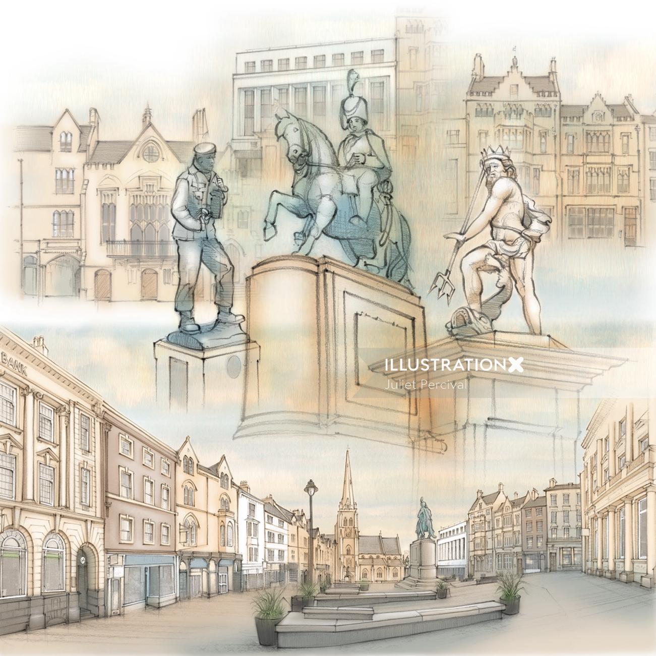 Durham, historical, statue, market place, Neptune, architecture,