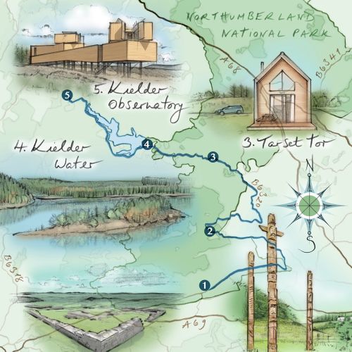 map, northumberland, Kielder, Roman fort, Stonehaugh, Tarset Tor, driving route, compass