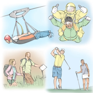 actividades al aire libre, tirolesa, paracaidismo, golf, senderismo, gente