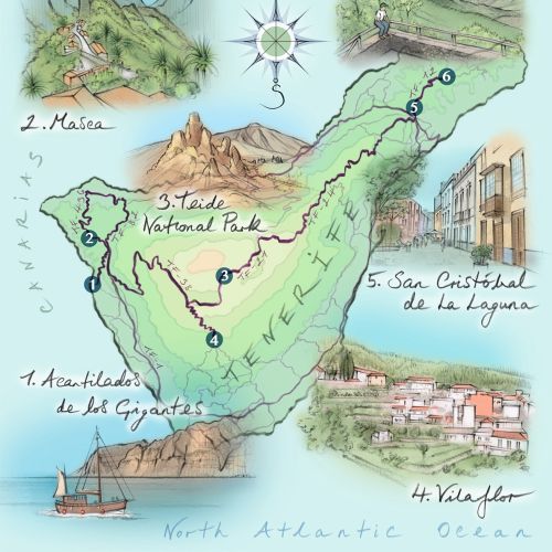 Editorial map about Tenerife driving routes