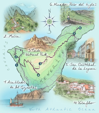Mapa editorial sobre rotas de condução em Tenerife