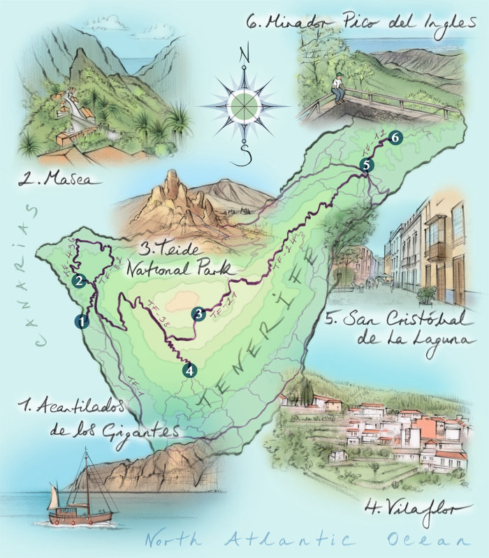 Carte éditoriale sur les itinéraires routiers de Tenerife