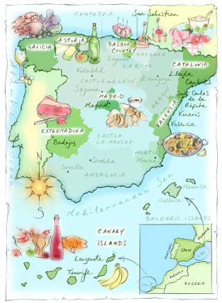 西班牙地图、手绘、美食、埃斯特雷马杜拉、加泰罗尼亚、西班牙海鲜饭、小吃、葡萄酒