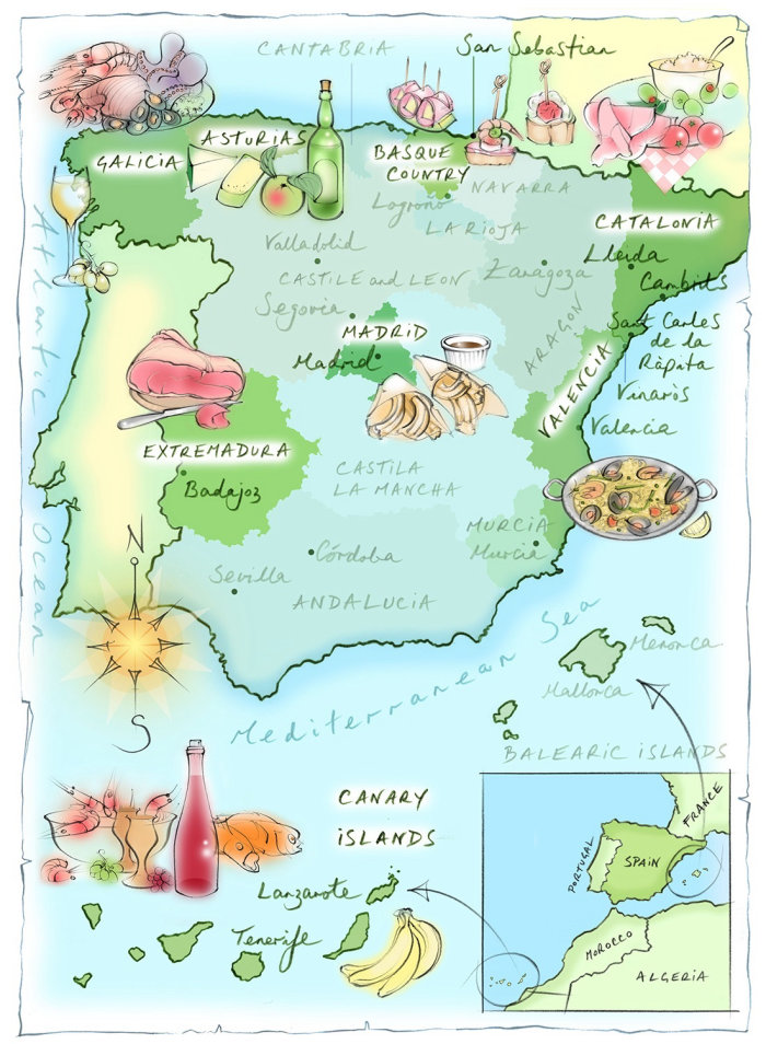 西班牙地图，手绘，食品，埃斯特雷马杜拉，加泰罗尼亚，西班牙海鲜饭，西班牙小吃，酒