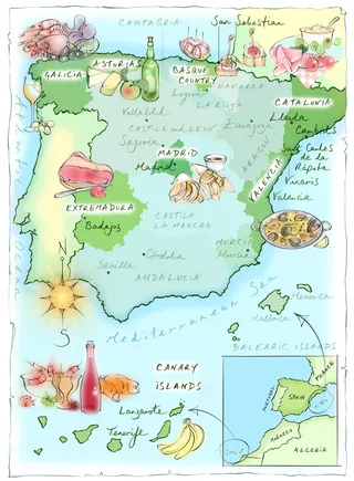 spain map, hand drawn, food, Extremadura, Catalonia, paella, tapas, wine