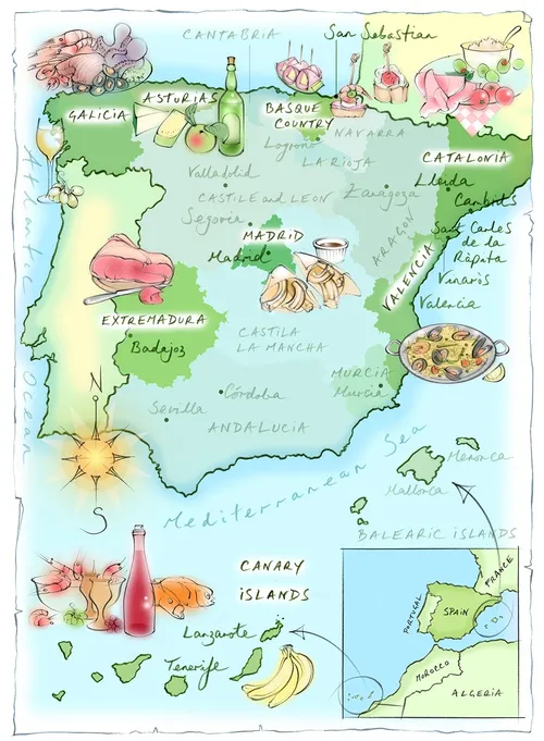 spain map, hand drawn, food, Extremadura, Catalonia, paella, tapas, wine