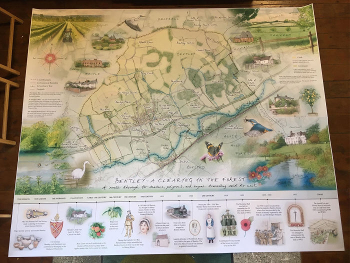 Large drawn Bentley Village map for Bentley Memorial Hall