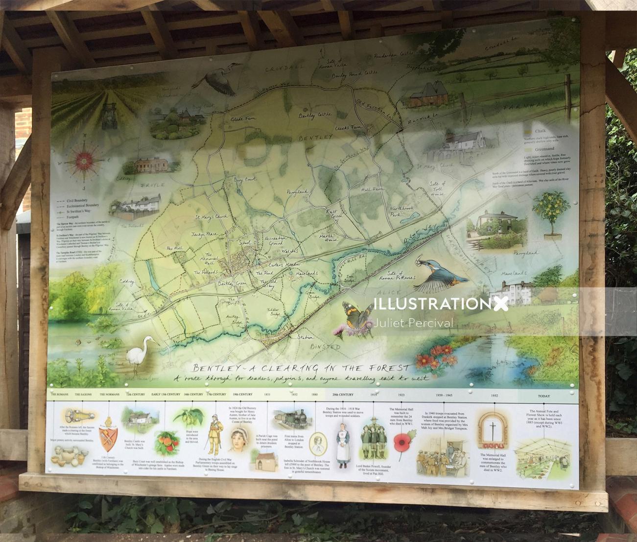 outdoor panel, heritage interpretation, giant map, historic time line, farming, wildlife sketches, t