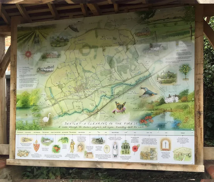 Huge drawn Bentley Village map with history timeline