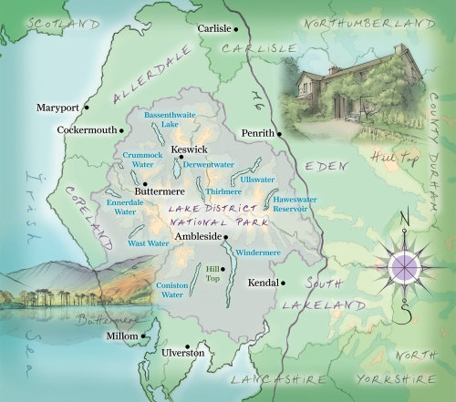 Buttermere, dessinés à la main, traditionnel, boussole, lacs, Keswick, Ambleside. montagnes, parc national