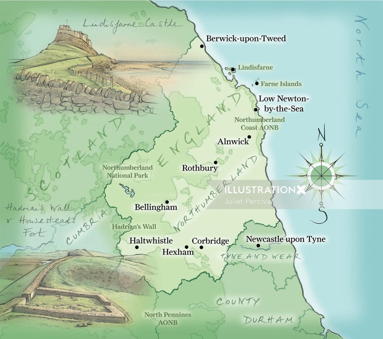 パビリオン・ブックス・カンパニー・リミテッドのノーサンバーランドの地図イラスト
