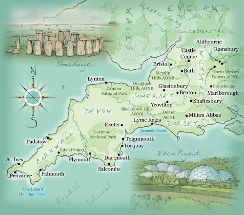 Cornwall, Devon, Stonehenge, Eden Project, Wiltshire, dessinés à la main, cartographie, littoral, boussole